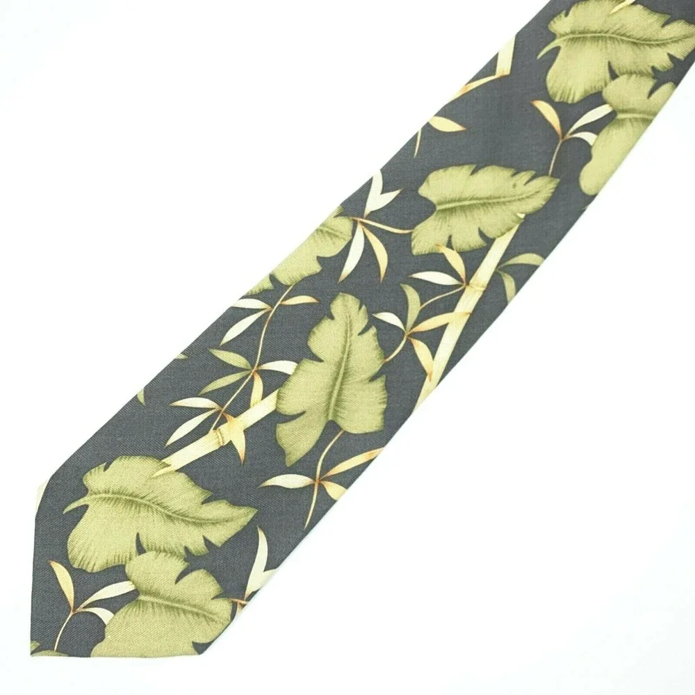 TOMMY BAHAMA Tie Gray Green Leaves Bamboo 100% Silk Hand Made Mens Necktie